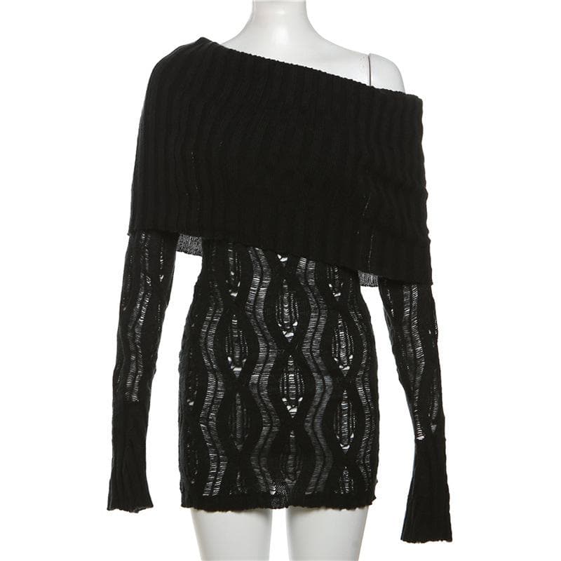Crochet off shoulder long sleeve hollow out mini dress