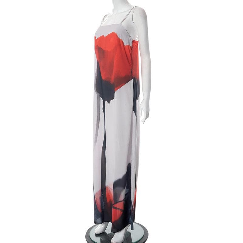 Square neck backless contrast print cami maxi dress