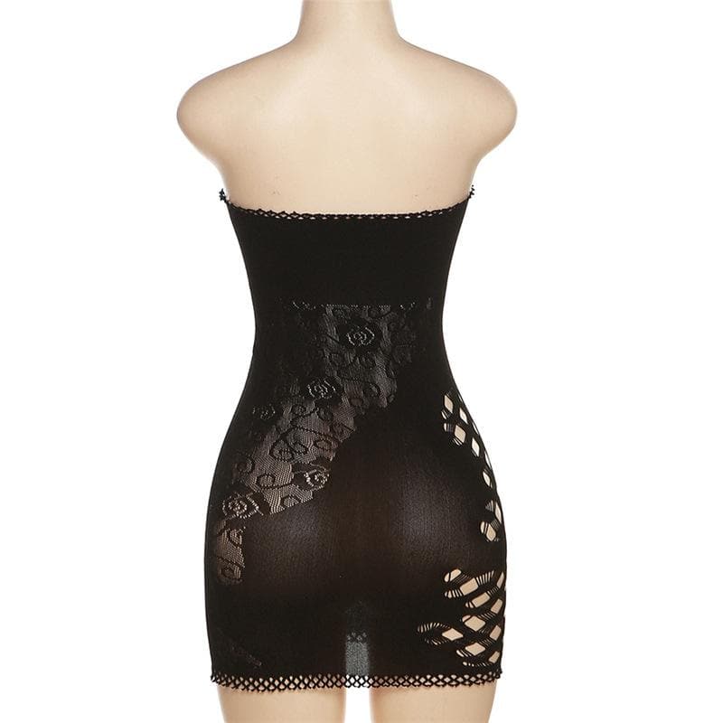 Fishnet solid hollow out see through tube mini dress
