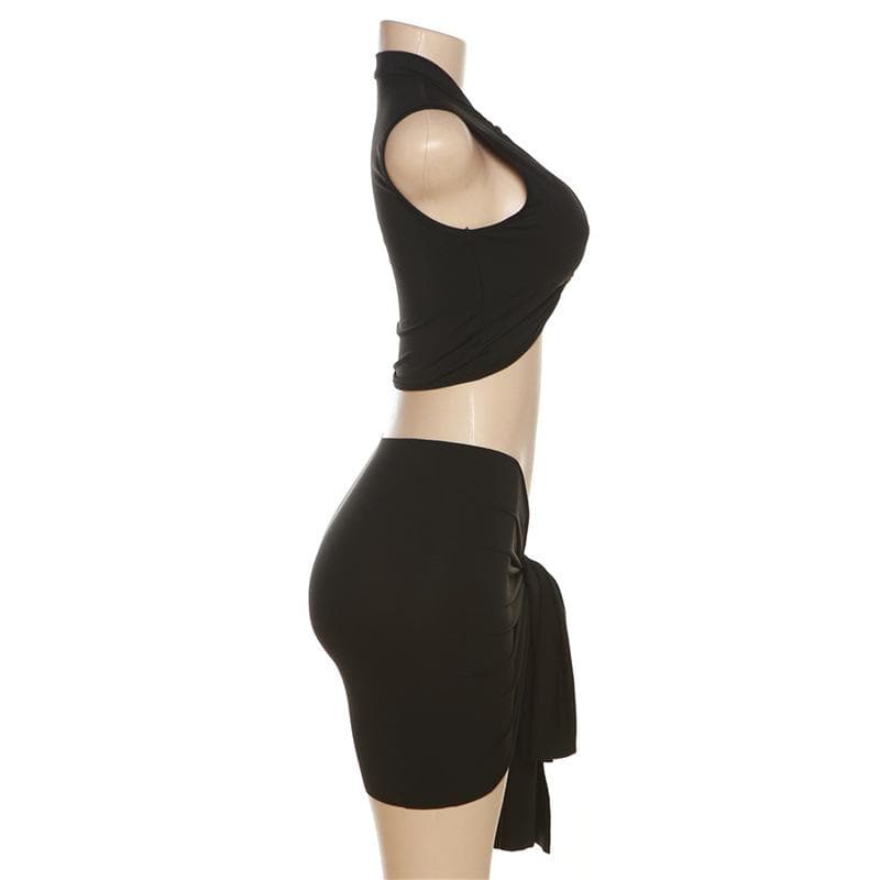 Sleeveless o ring self tie hollow out solid mini dress