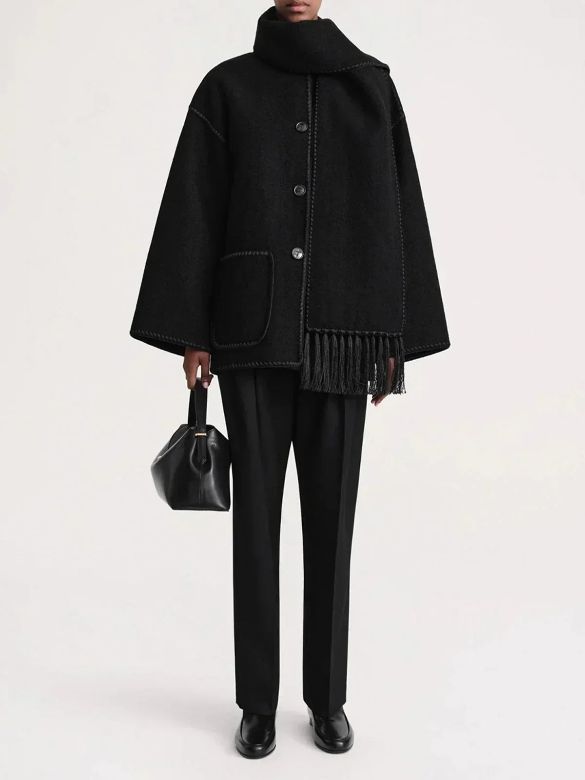 Contrast Stitch Scarf Collar Fringe Button-Front Wool Jacket
