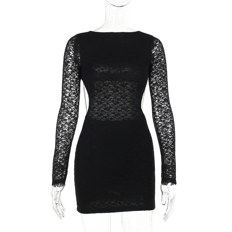 Lace solid long sleeve backless hollow out self tie mini dress