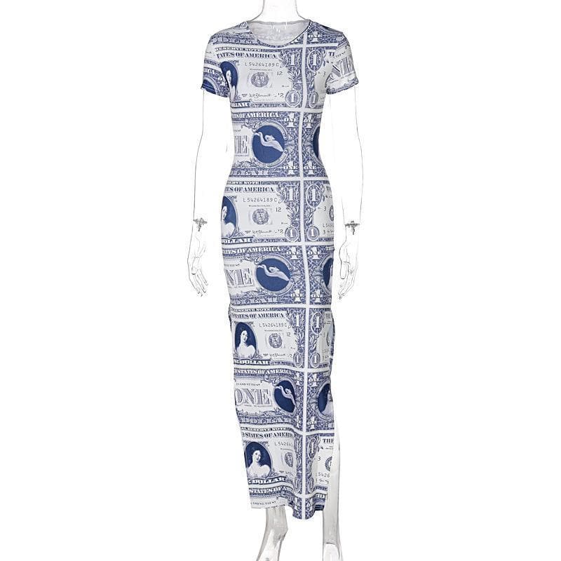 Print crewneck short sleeve slit midi dress