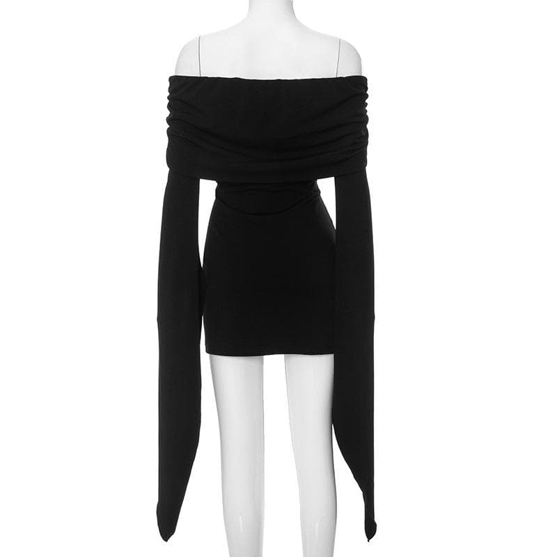 Long flared sleeve solid off shoulder ruched mini dress