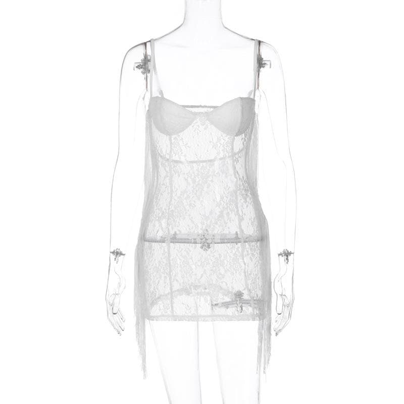 Tassels low cut see through lace solid backless cami mini dress
