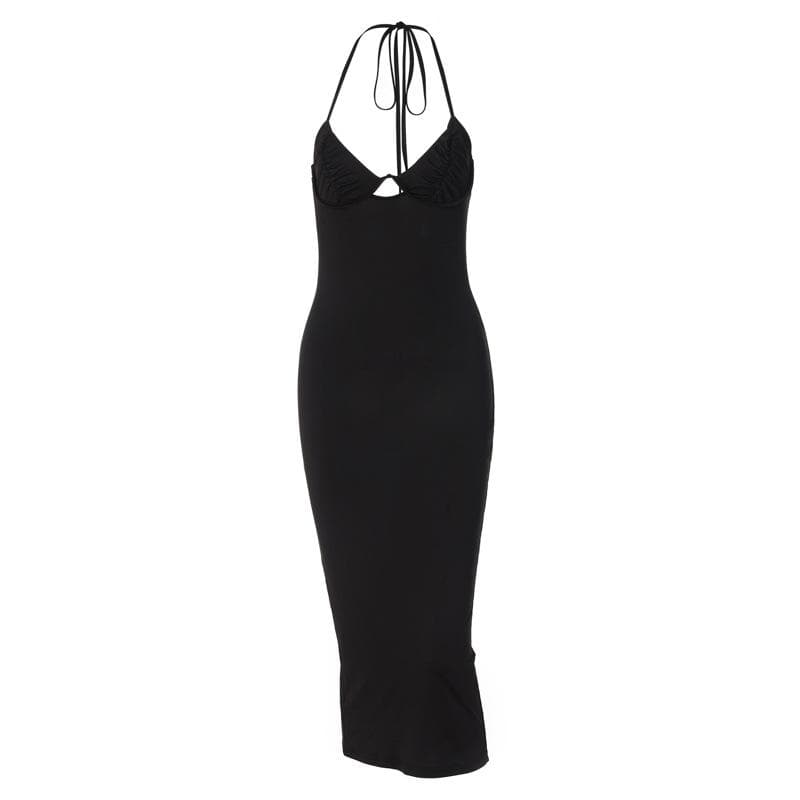 Sleeveless solid hollow out slit self tie backless midi dress