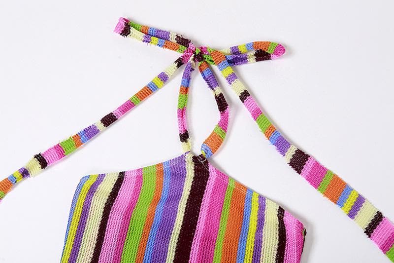 Halter self tie backless striped contrast maxi dress