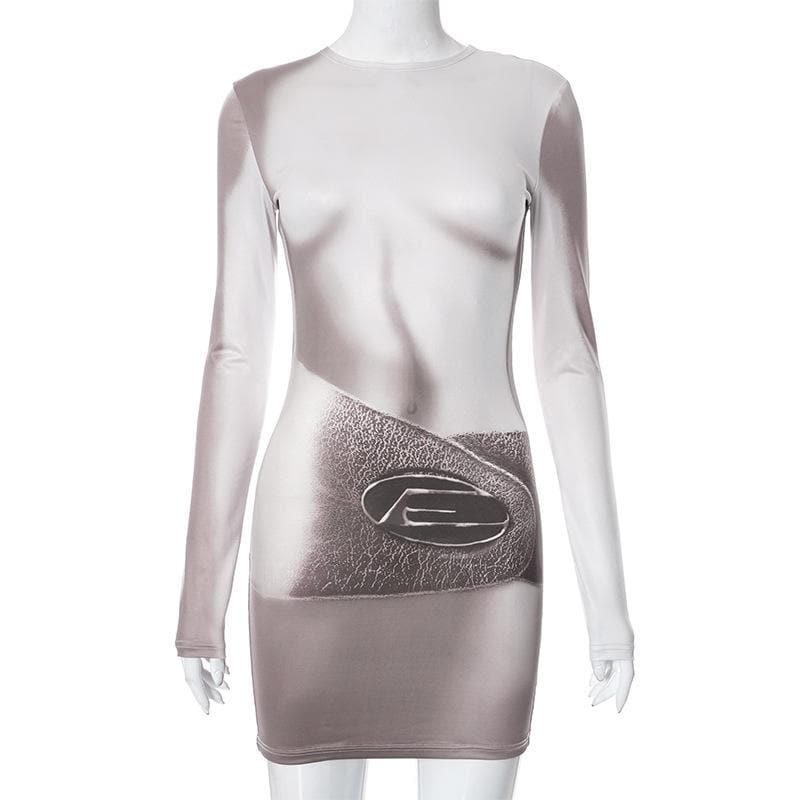 Long sleeve body print crewneck contrast mini dress