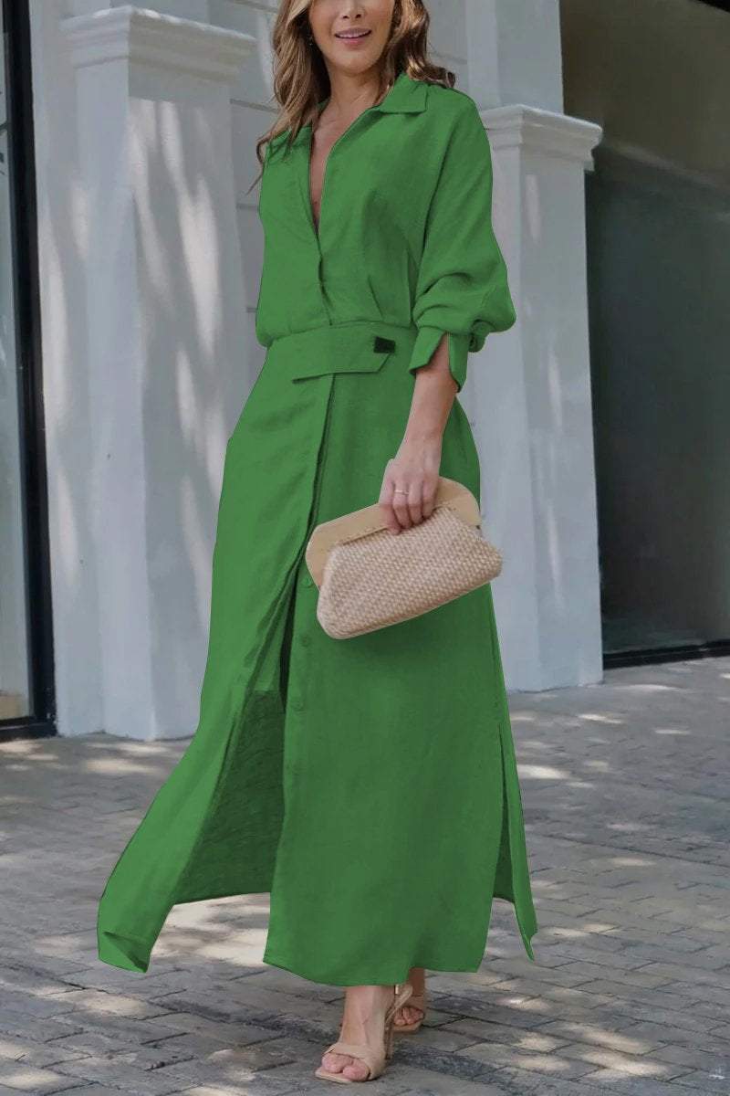Collared Linen Button-Front Long Sleeve Belted Maxi Shirt Dress 4