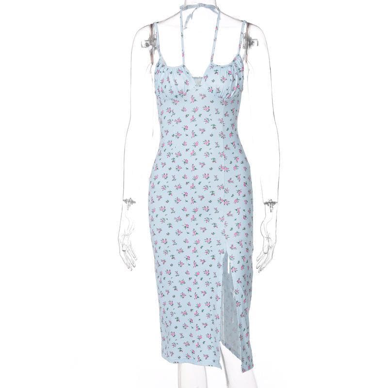 High slit floral heart neck ruched dress