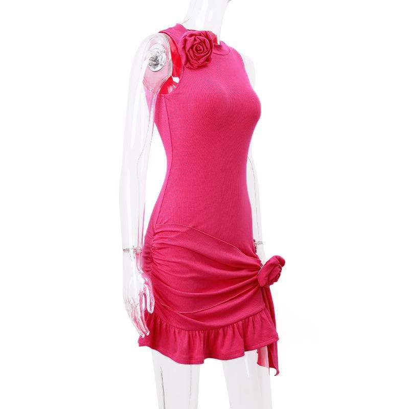 Flower applique solid sleeveless ribbed ruffle irregular mini dress