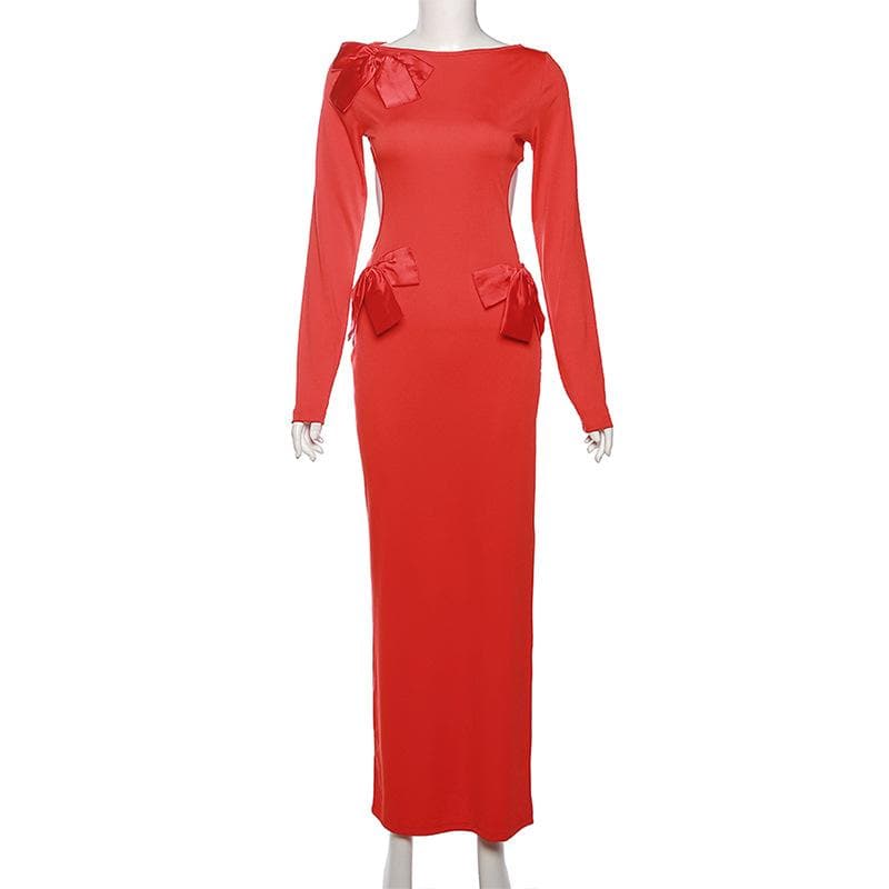 Bowknot backless hollow out solid long sleeve maxi dress