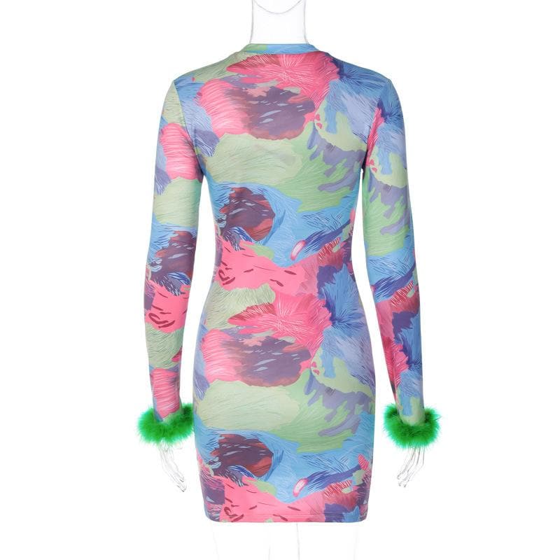 Feather crewneck contrast print long sleeve mini dress