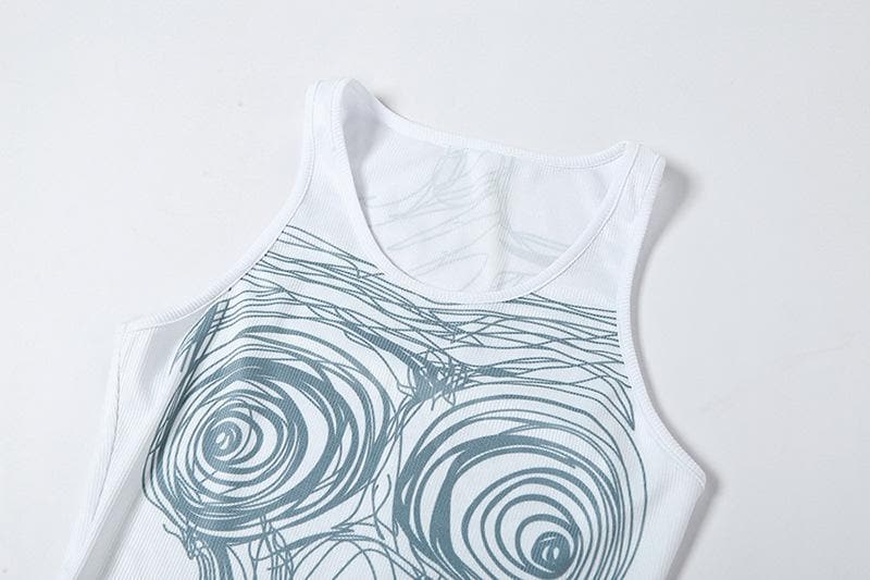 Line pattern contrast u neck body print sleeveless midi dress