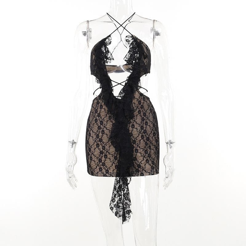 Cross front backless hollow out lace hem contrast mini dress