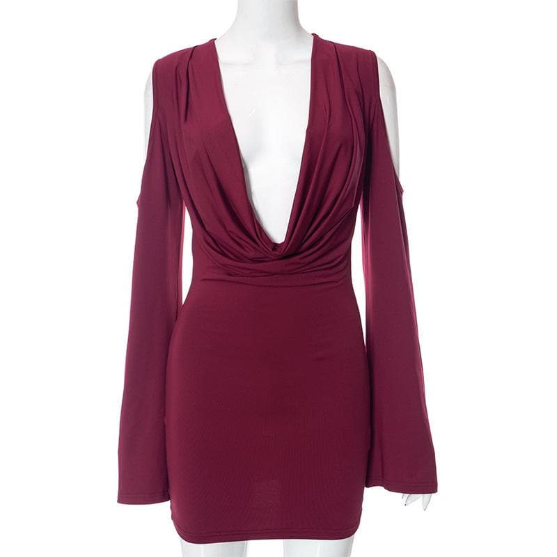 Long flared sleeve off shoulder cowl neck ruched solid mini dress