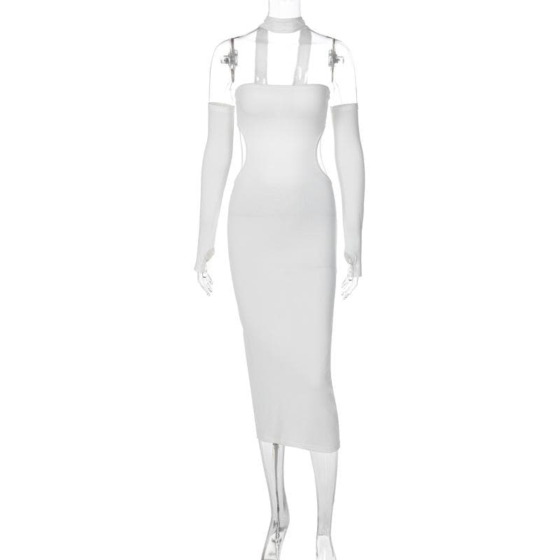 Gloves halter solid button hollow out backless midi dress