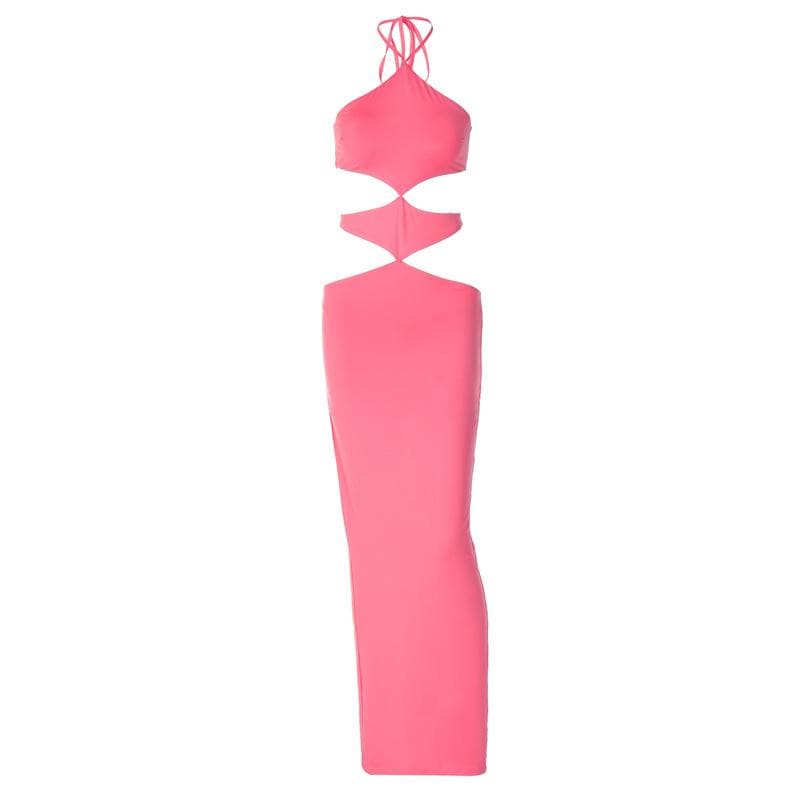 Halter self tie hollow out backless slit maxi dress