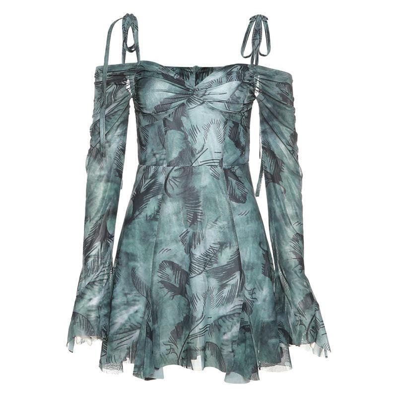 Long sleeve tie dye off shoulder ruched sweetheart neck self tie backless mini dress