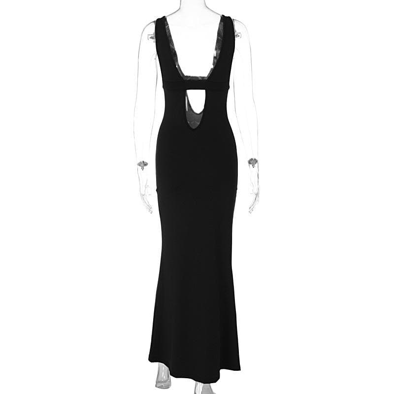 Sleeveless low cut hollow out solid backless maxi dress