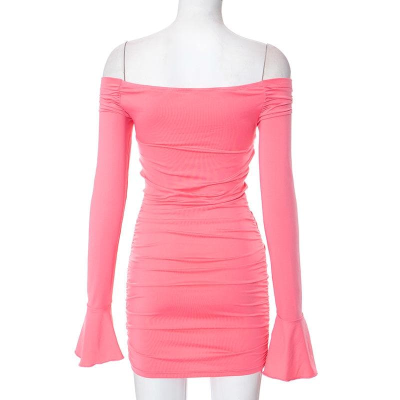 Flower applique hollow out ruched long flared sleeve mini dress