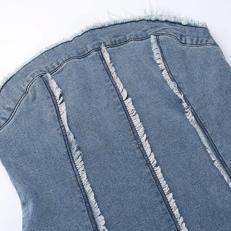 Raw hem zip-up backless contrast denim tube mini dress