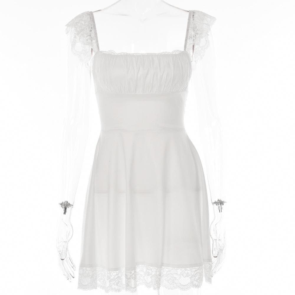 Lace hem solid cap sleeve zip-up ruched lace up mini dress