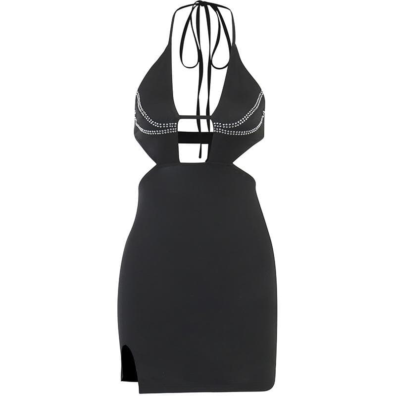 Beaded solid halter backless hollow out slit mini dress