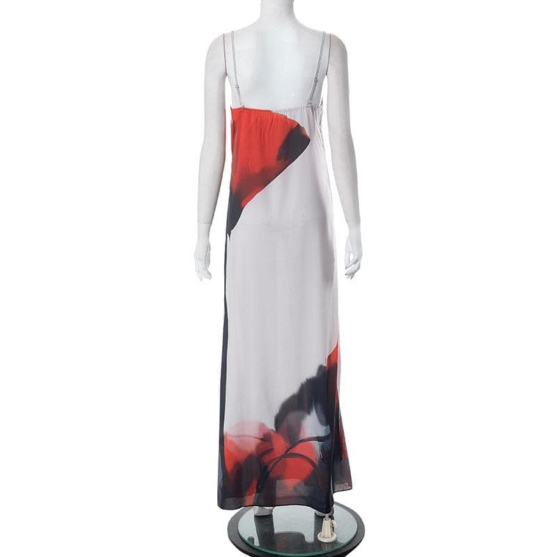 Square neck backless contrast print cami maxi dress