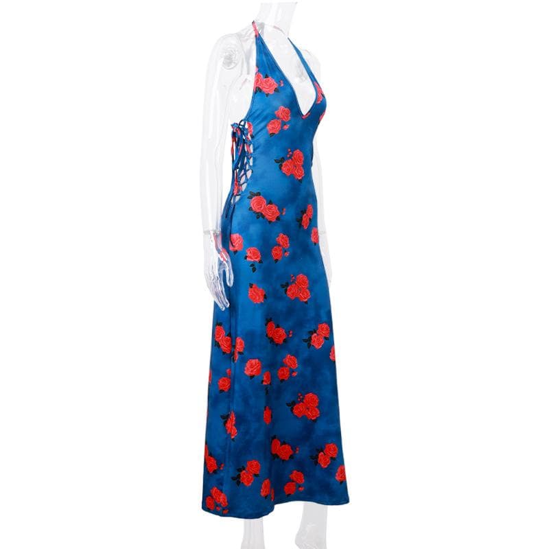Flower print halter contrast lace up backless v neck midi dress