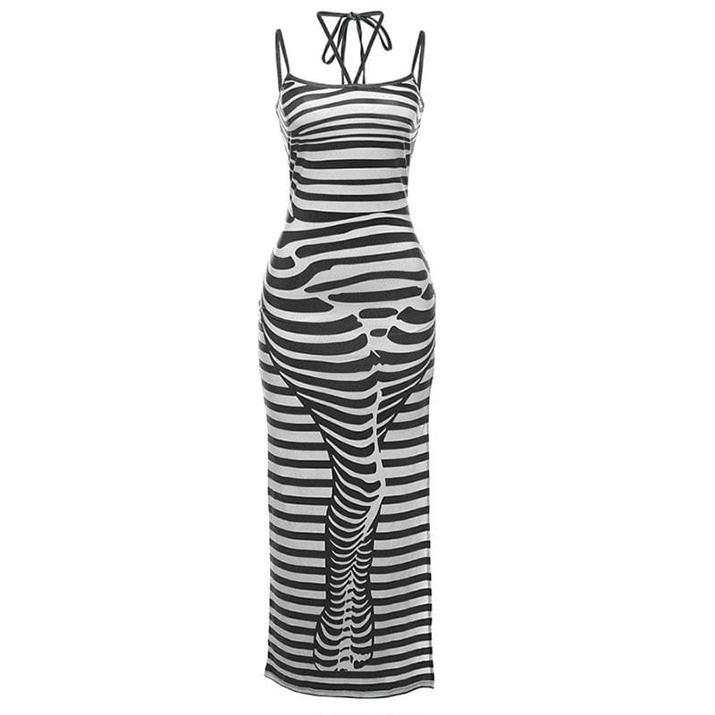 Slit halter self tie striped backless body print maxi dress