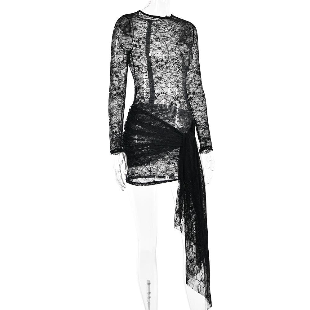 Lace see through long sleeve zip-up self tie ruched mini dress