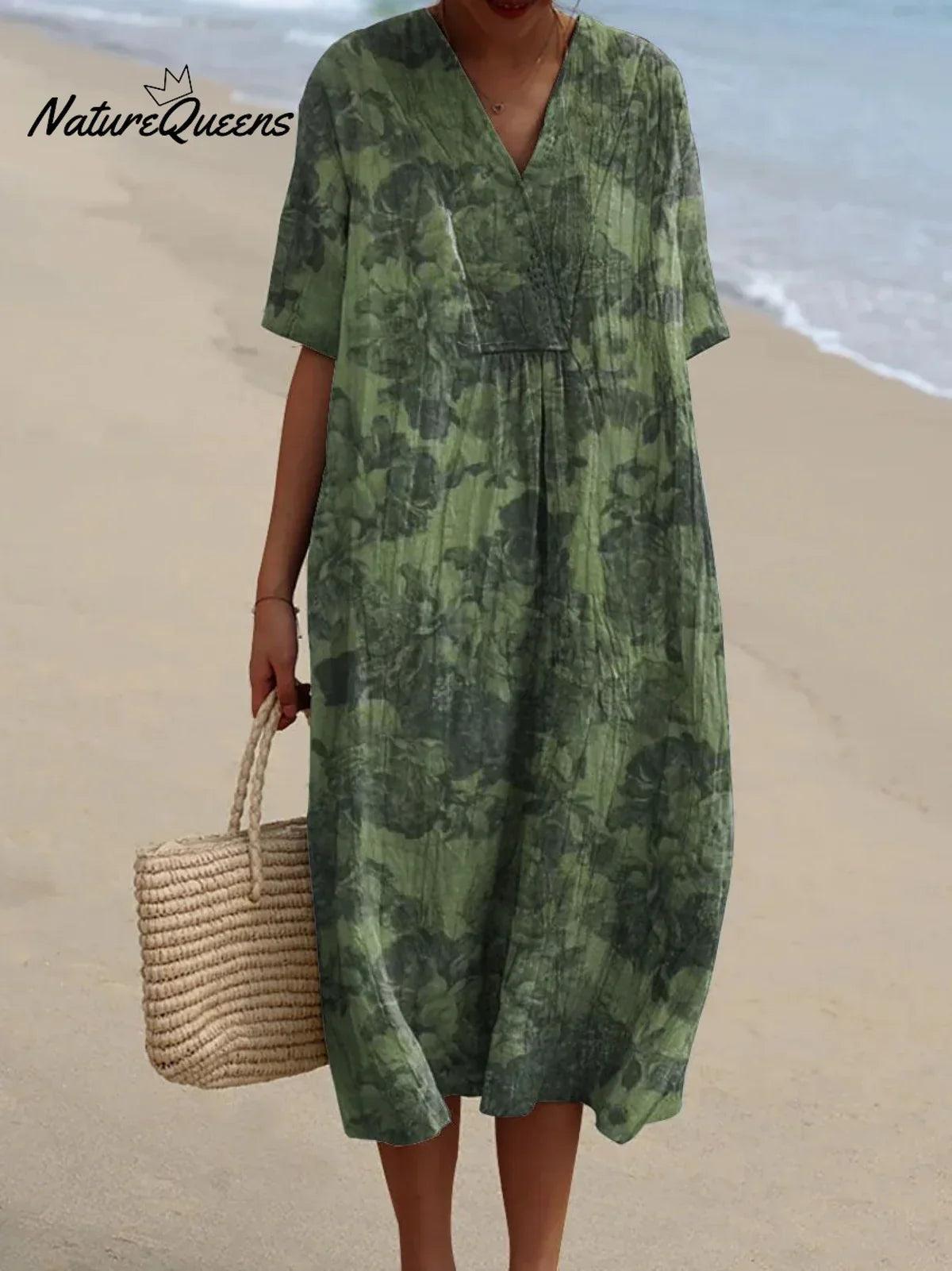 V-Neck Floral Print Short Sleeve Loose Linen Midi Dress