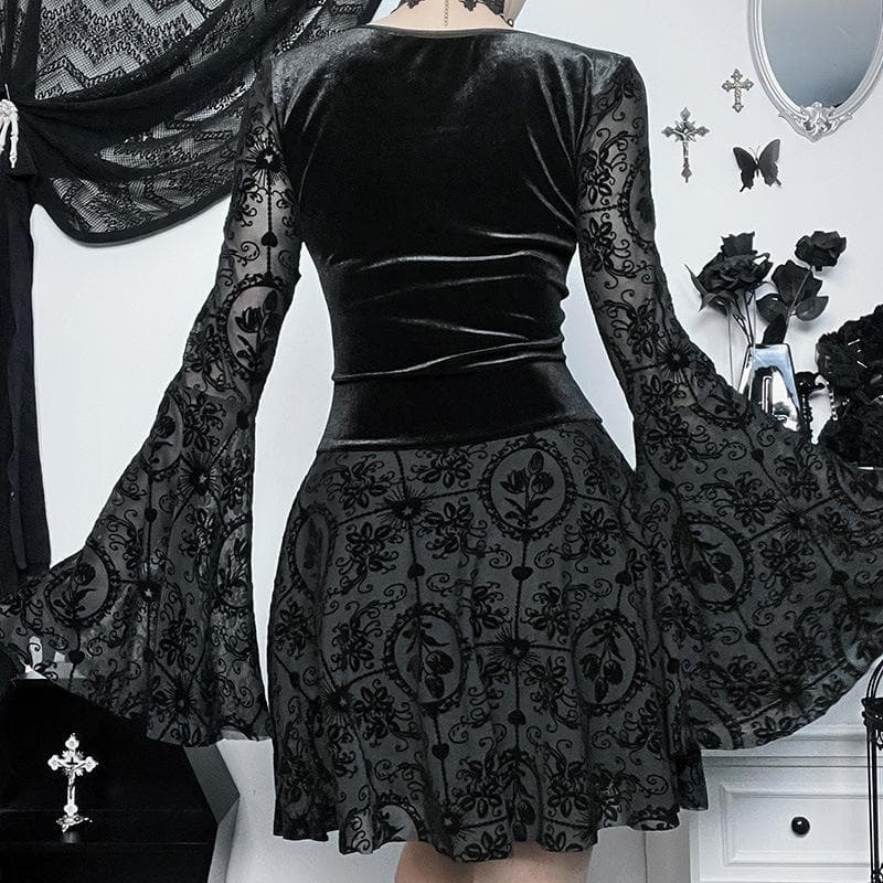 Flared sleeve velvet lace up solid patchwork mini dress