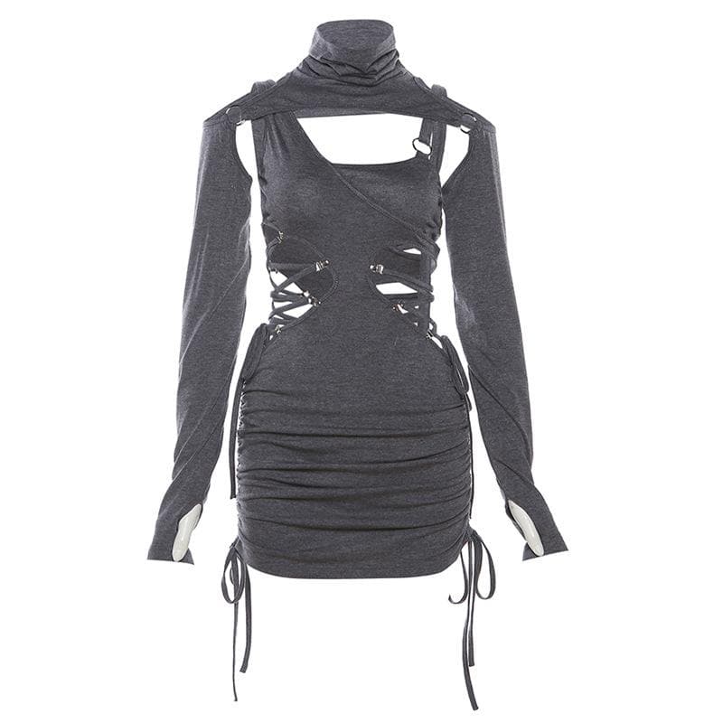Lace up hollow out turtle neck irregular drawstring shrug mini dress