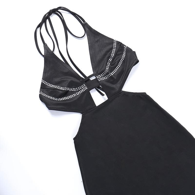 Beaded solid halter backless hollow out slit mini dress