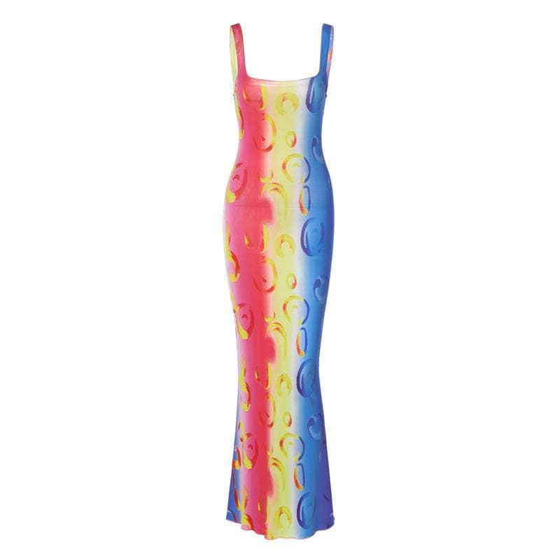 Contrast print ruffle backless maxi dress