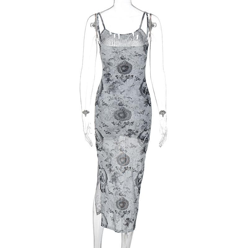 Slit contrast print sheer mesh see through u neck cami midi dress