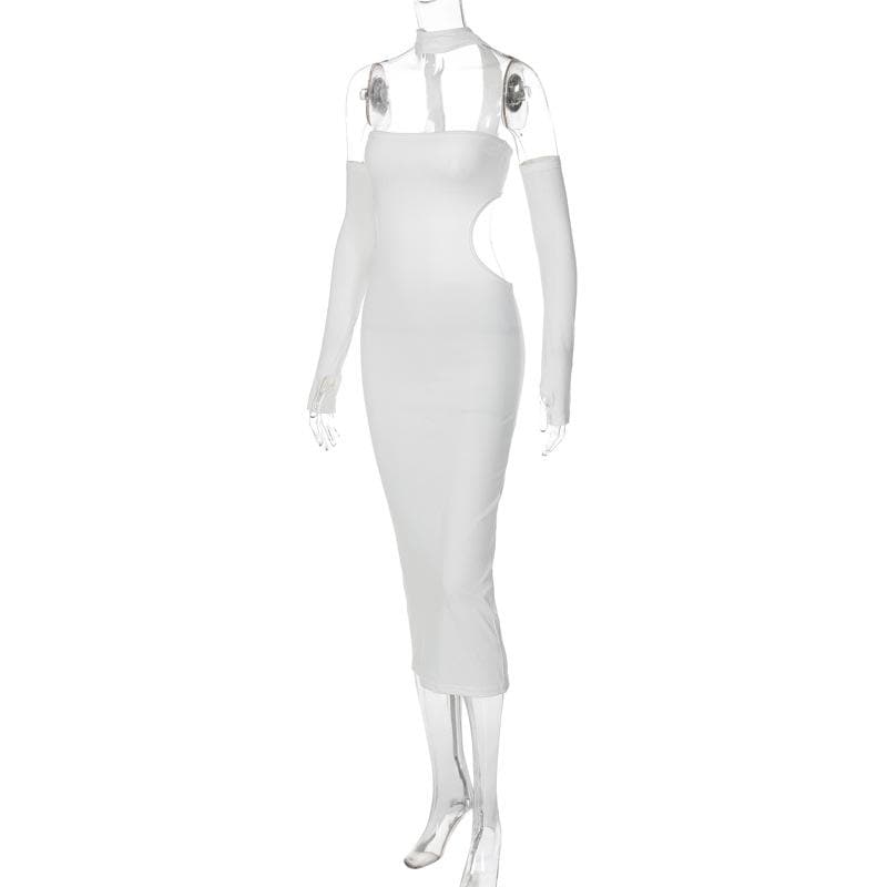Gloves halter solid button hollow out backless midi dress