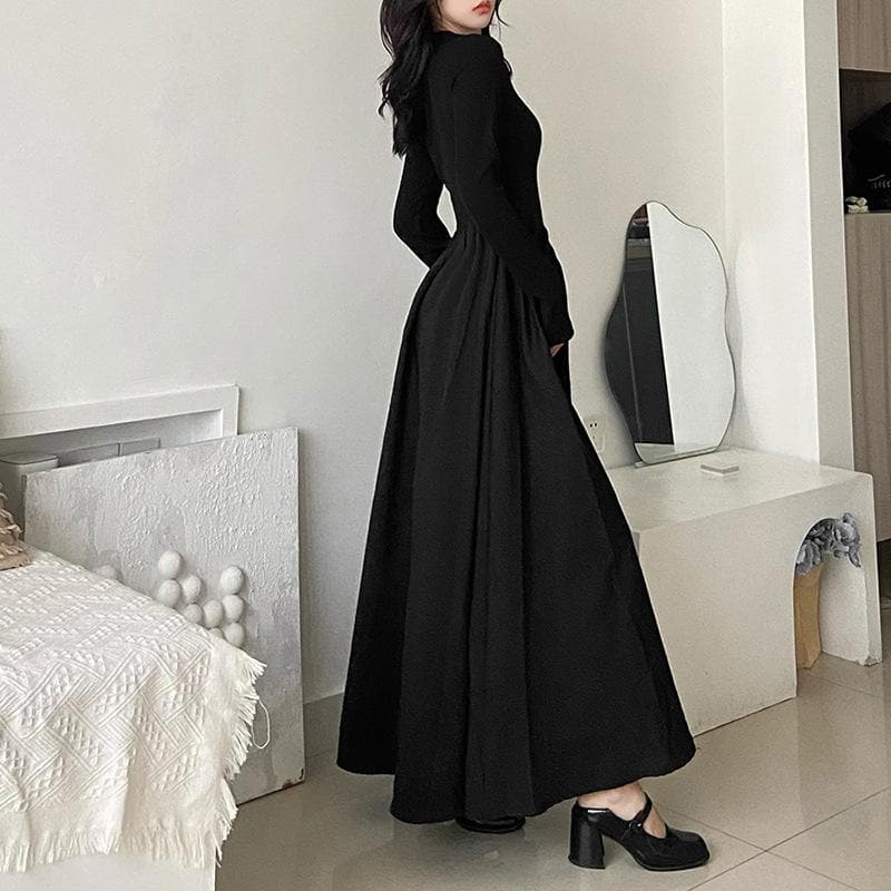 Solid long sleeve zip-up ruffle midi dress