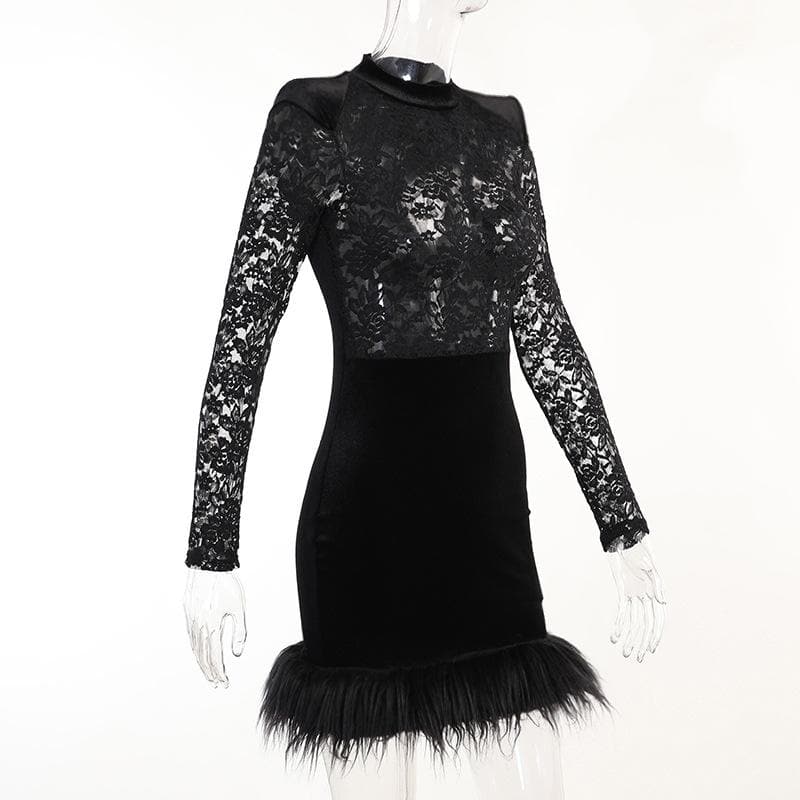 Lace solid see through long sleeve furry mini dress