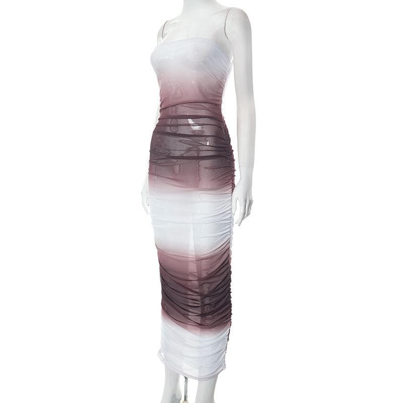 Gradient sheer mesh see through ruched tube maxi dress