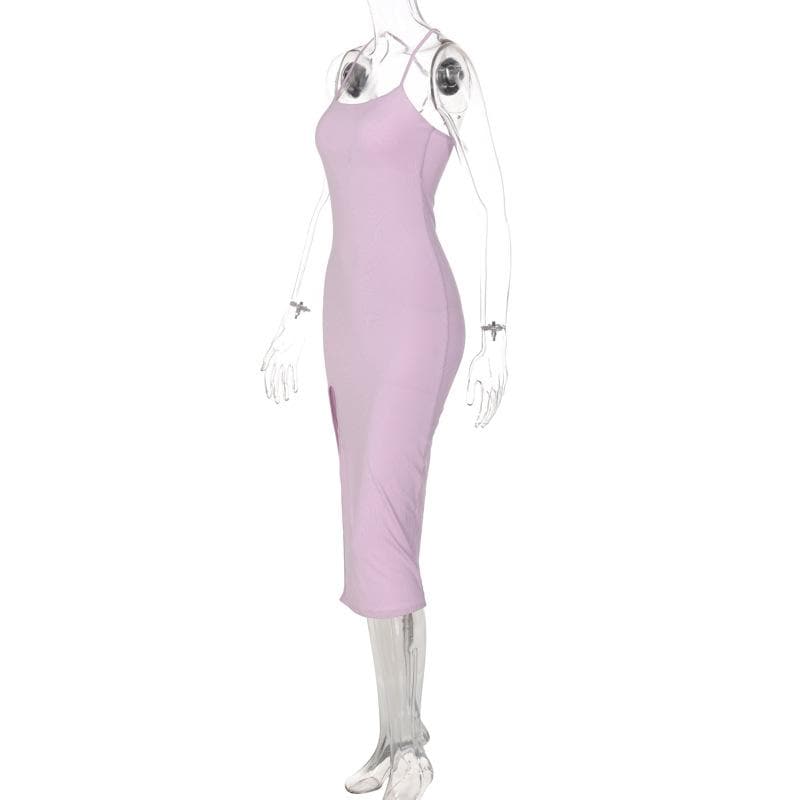 Cross back solid slit backless sleeveless midi dress