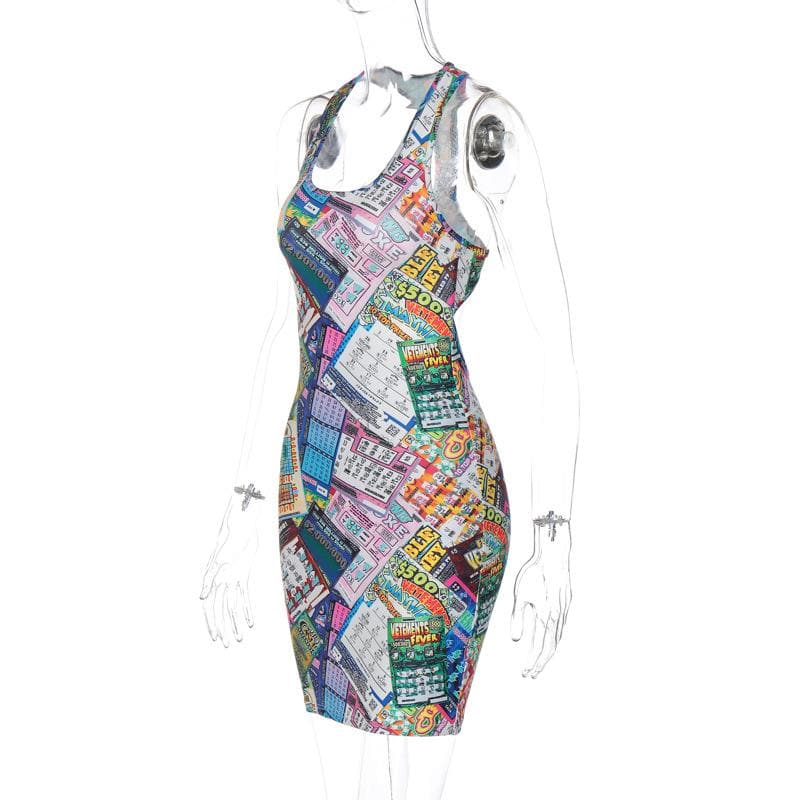 Sleeveless u neck lottery print contrast mini dress