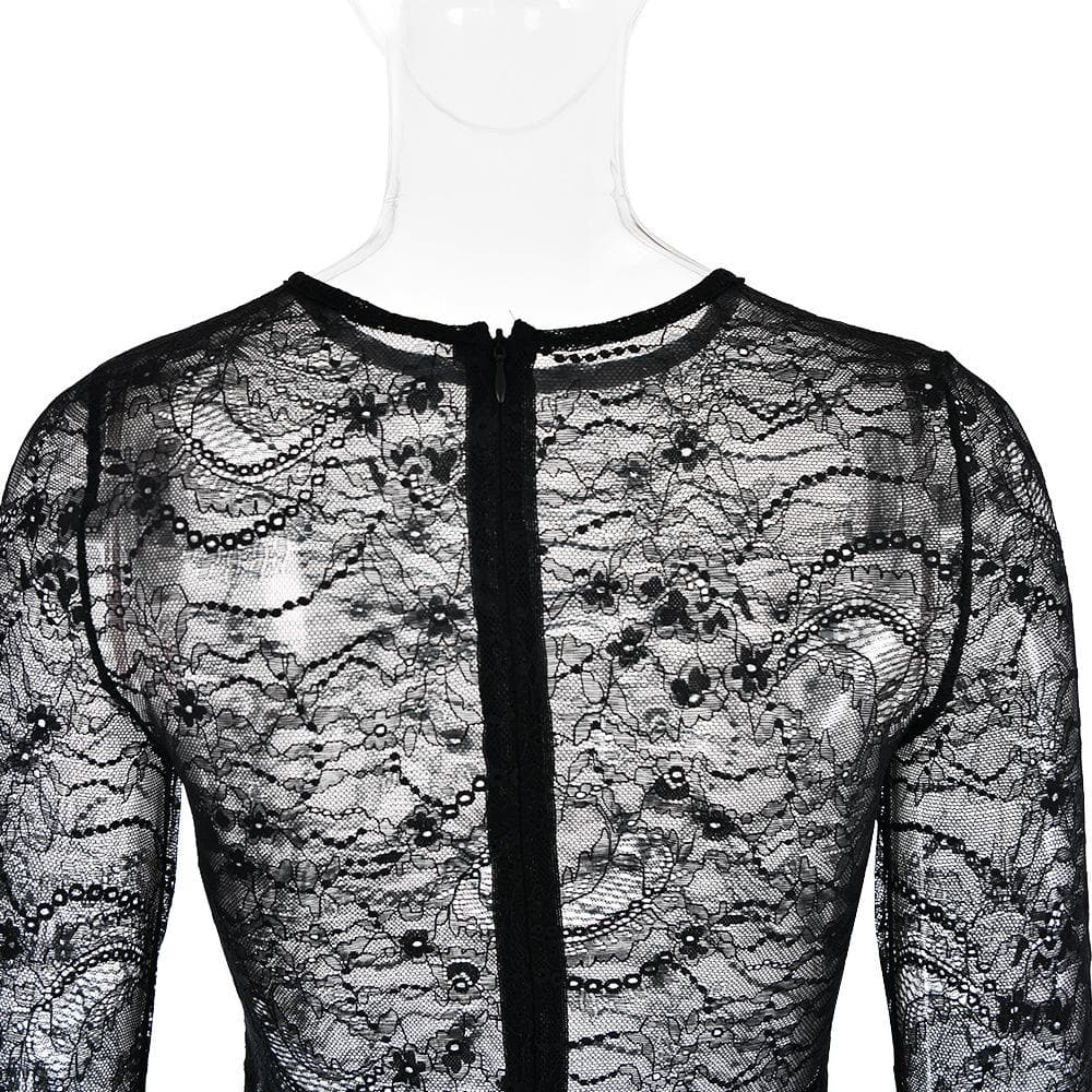 Lace see through long sleeve zip-up self tie ruched mini dress