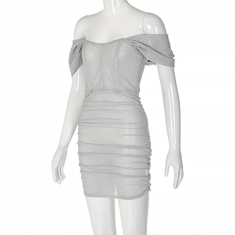 Corset off shoulder textured ruched see through mini dress