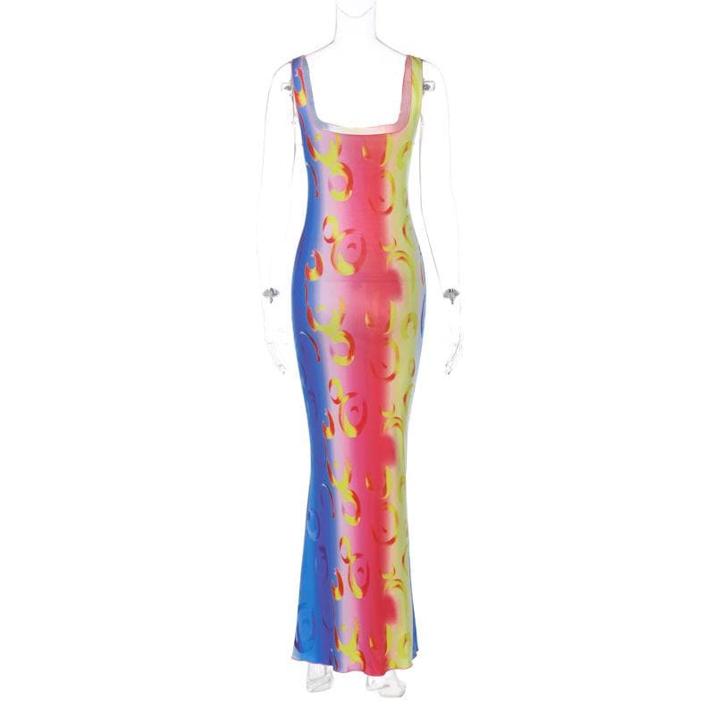 Contrast print ruffle backless maxi dress