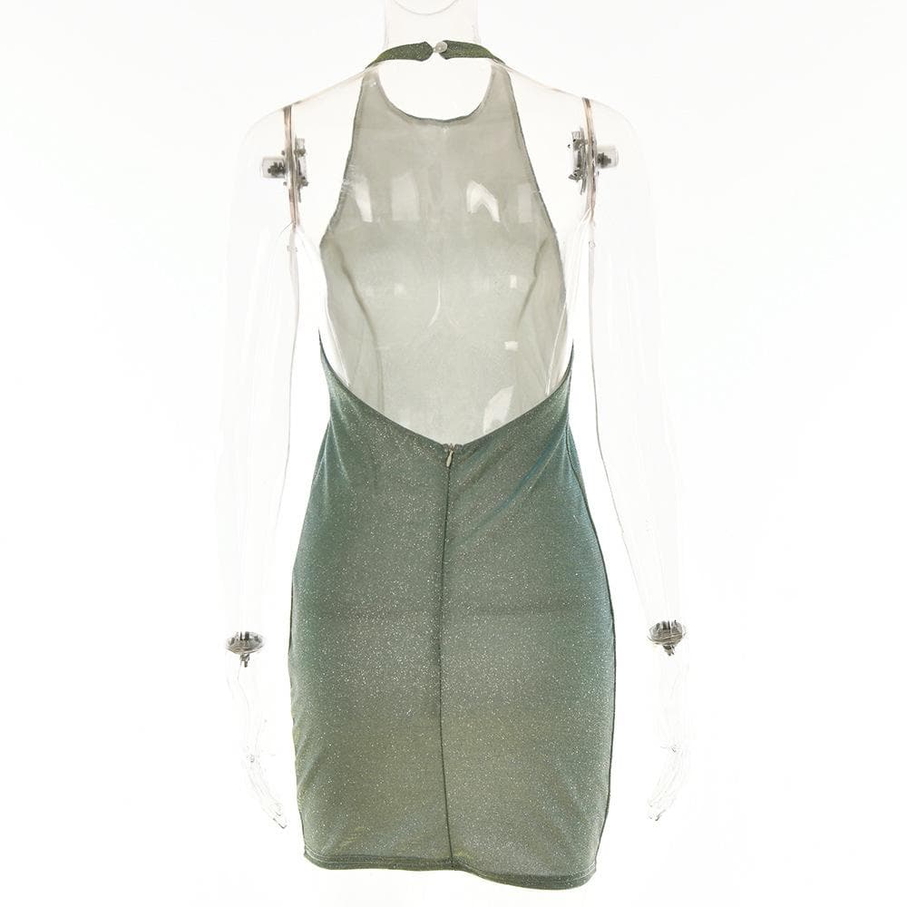 Halter off shoulder backless zip-up solid mini dress