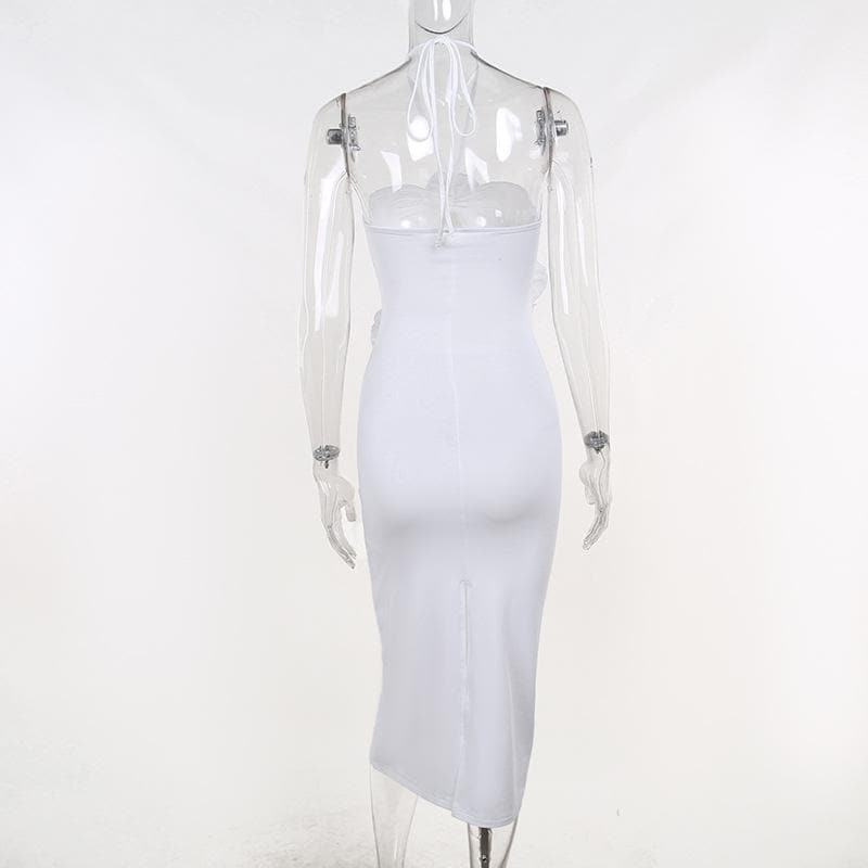 Solid halter slit ruched hollow out flower applique midi dress