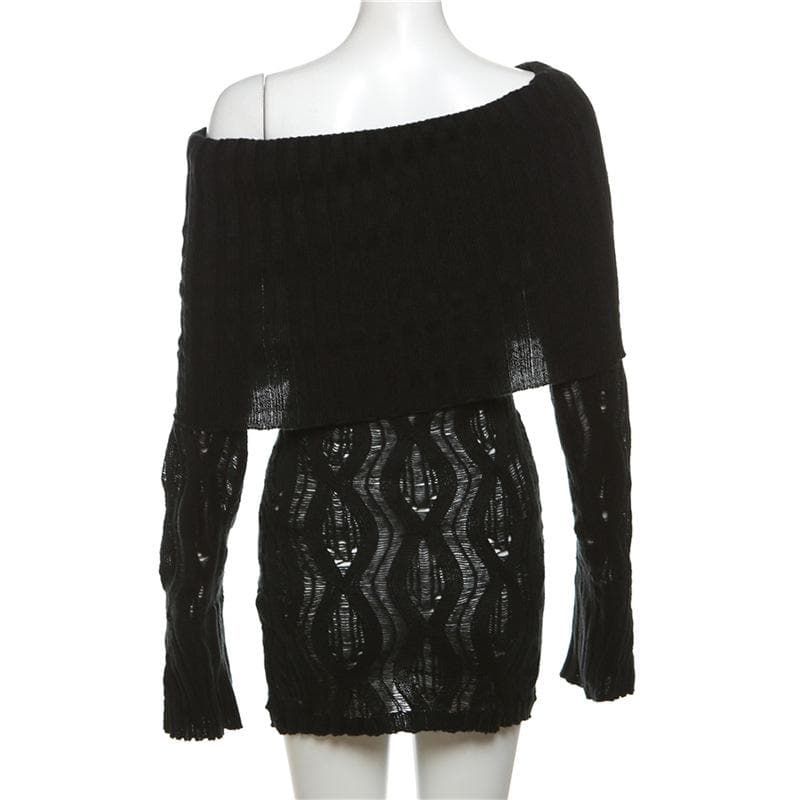 Crochet off shoulder long sleeve hollow out mini dress